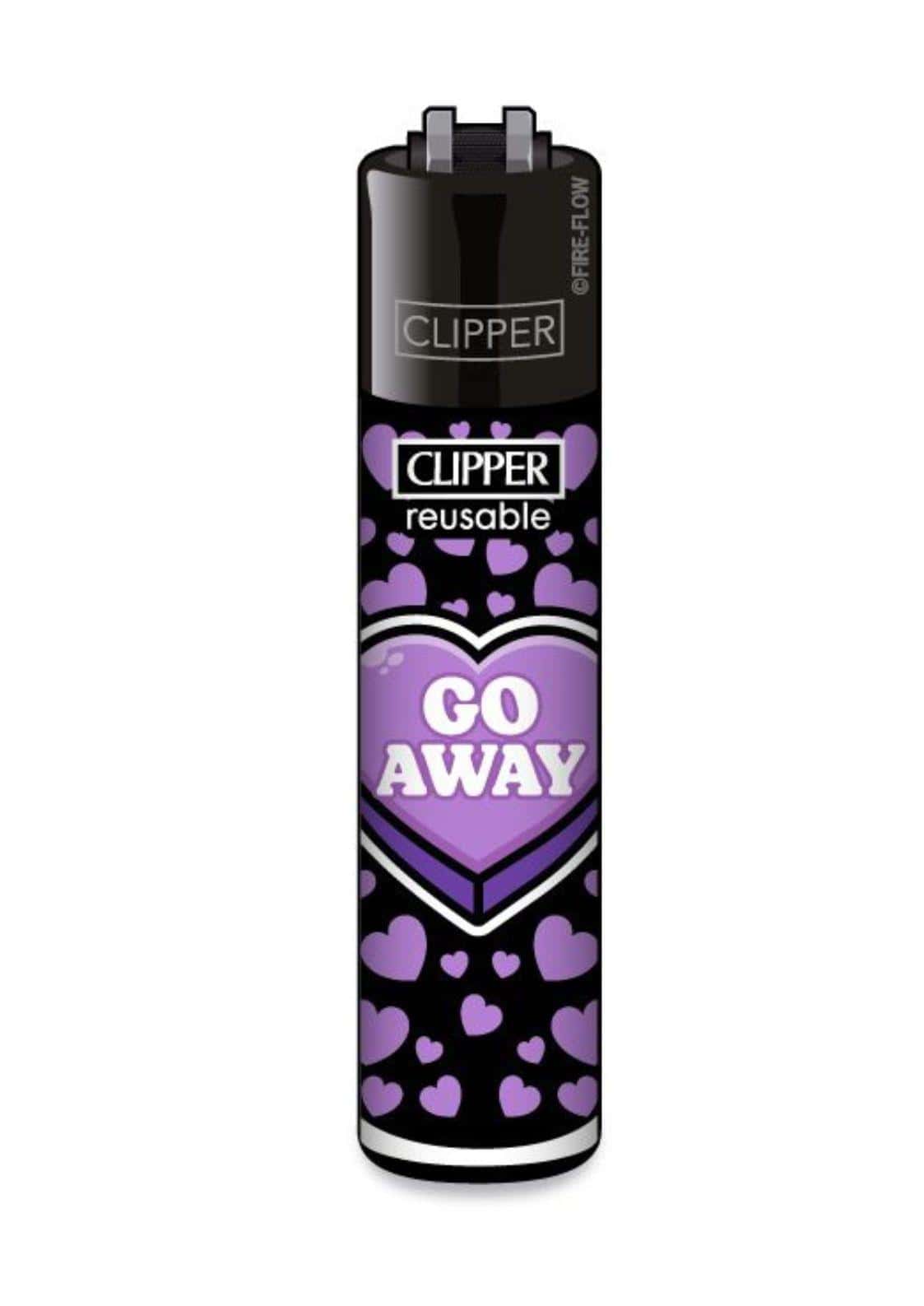 Lila clipper feuerzeug nachfüllbar mit go away text und herzen auf schwarzem hintergrund mit gleichmäßiger flamme